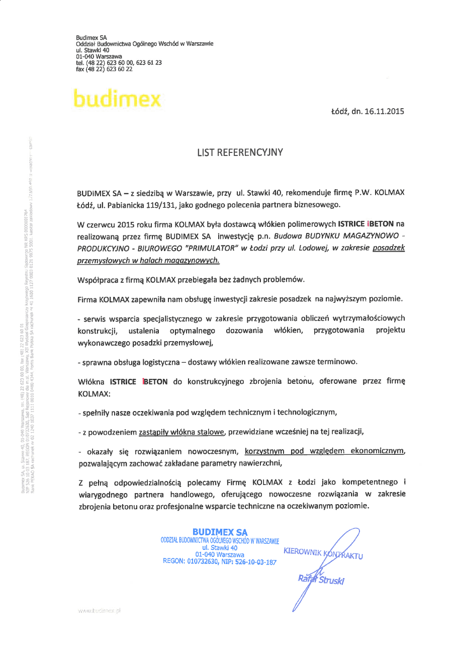 List referencyjny Budimex